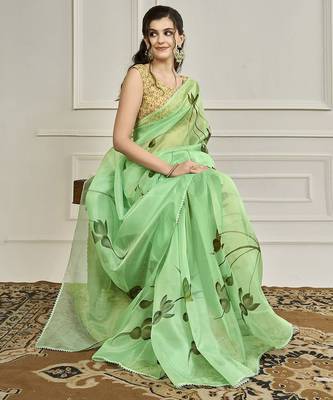 Green floral printed gotta patti saree 1