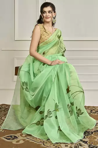 Green floral printed gotta patti saree