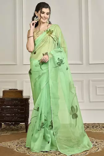Green floral printed gotta patti saree