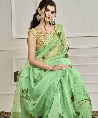 Green floral printed gotta patti saree 4