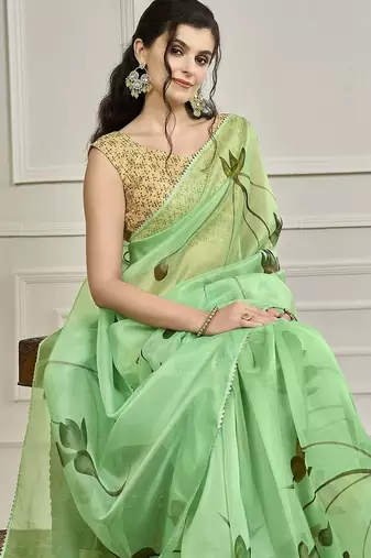 Green floral printed gotta patti saree