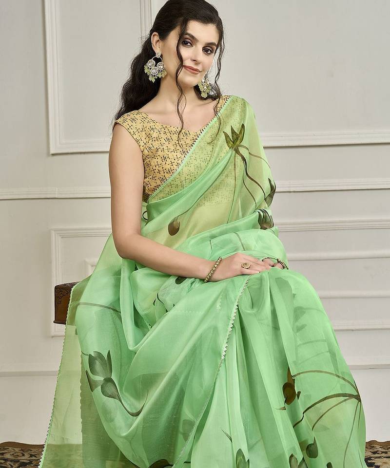 Green floral printed gotta patti saree