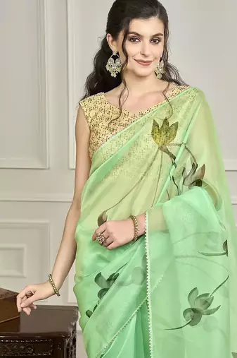 Green floral printed gotta patti saree