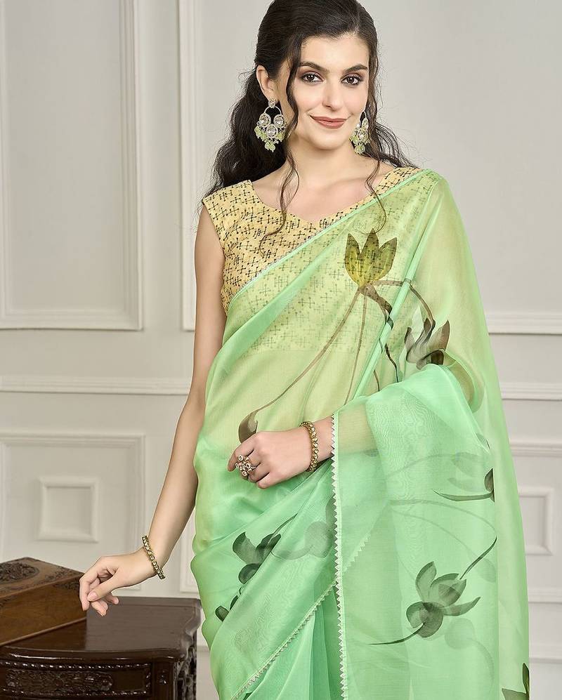 Green floral printed gotta patti saree