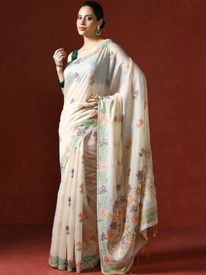Cream woven design saree with blouse 3