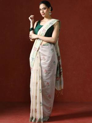 Cream woven design saree with blouse 3