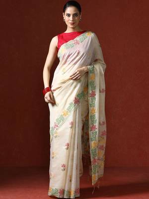 Cream woven design saree with blouse 1