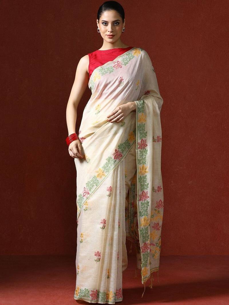 Cream woven design saree with blouse