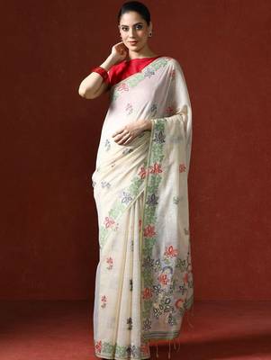 Cream woven design saree with blouse 1