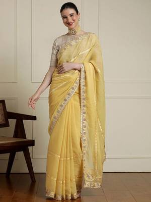 Yellow zari saree with blouse 1