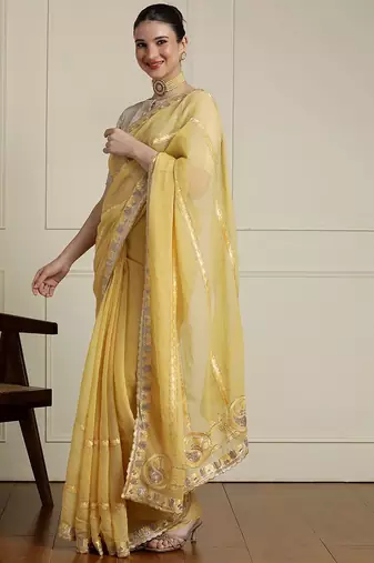 Yellow zari saree with blouse