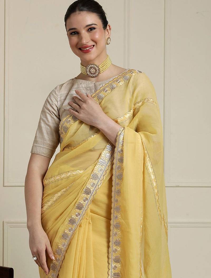 Yellow zari saree with blouse