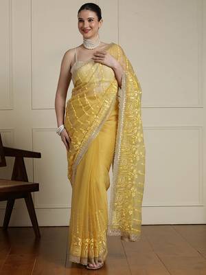 Yellow women ethnic motifs embroidered saree 1