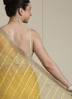 Yellow women ethnic motifs embroidered saree 3