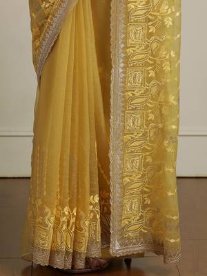 Yellow women ethnic motifs embroidered saree 5
