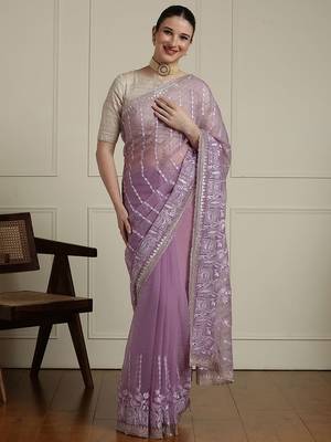 Purple floral embroidered beads and stones saree with blouse piece 1
