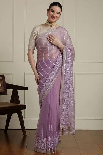 Purple floral embroidered beads and stones saree with blouse piece