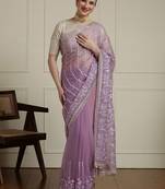 Purple floral embroidered beads and stones saree with blouse piece
