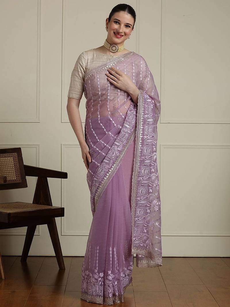 Purple floral embroidered beads and stones saree with blouse piece