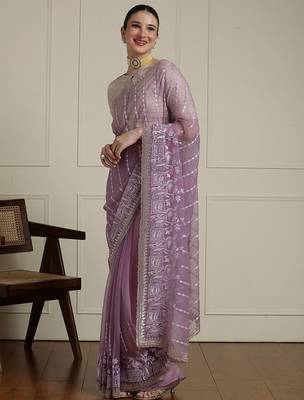 Purple floral embroidered beads and stones saree with blouse piece 2