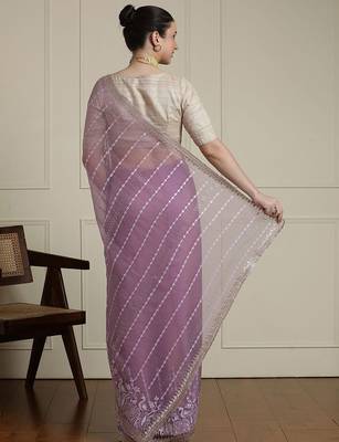 Purple floral embroidered beads and stones saree with blouse piece 3