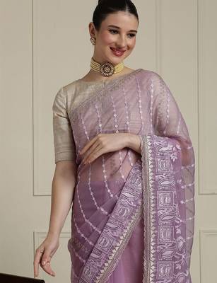 Purple floral embroidered beads and stones saree with blouse piece 4