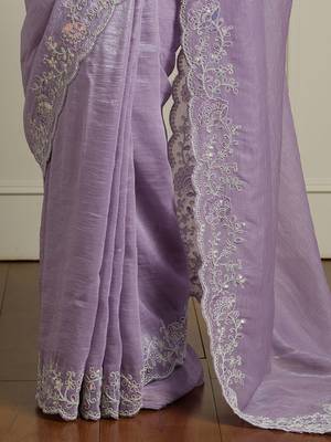 Purple floral embroidered beads and stones saree with blouse piece 5