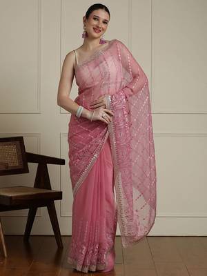 Pink ethnic motif woven design zari indian bridal saree 1