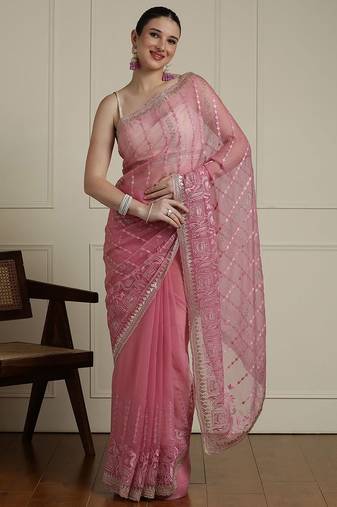 Pink ethnic motif woven design zari indian bridal saree