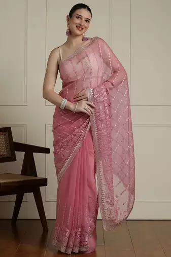 Pink ethnic motif woven design zari indian bridal saree