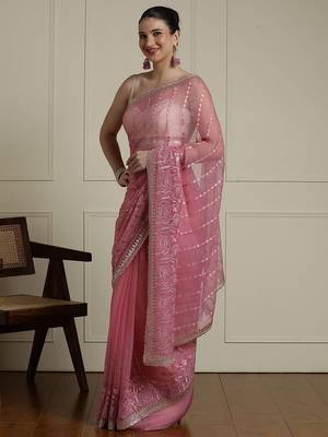 Pink ethnic motif woven design zari indian bridal saree 2