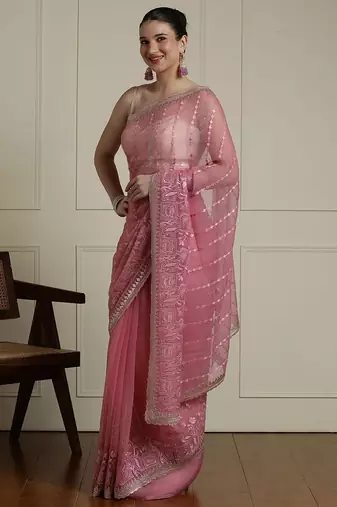Pink ethnic motif woven design zari indian bridal saree