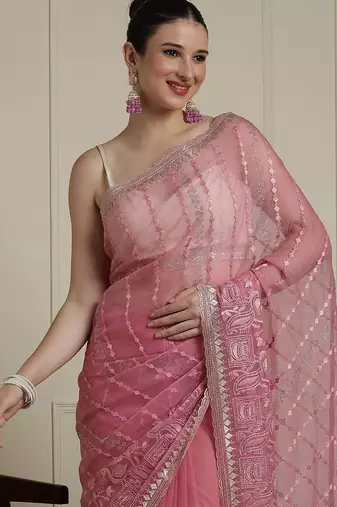 Pink ethnic motif woven design zari indian bridal saree