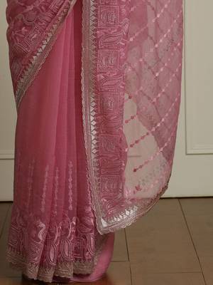 Pink ethnic motif woven design zari indian bridal saree 5