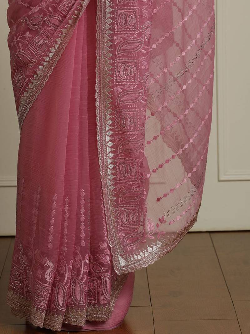 Pink ethnic motif woven design zari indian bridal saree