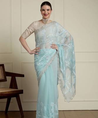 Blue woven design saree with blouse 1