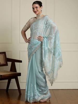Blue woven design saree with blouse 2