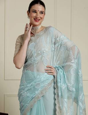 Blue woven design saree with blouse 4