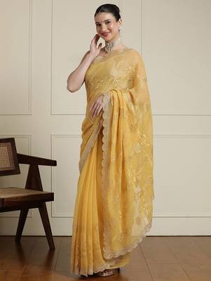 Yellow ethnic motifs embroidered scallop zari border saree 2