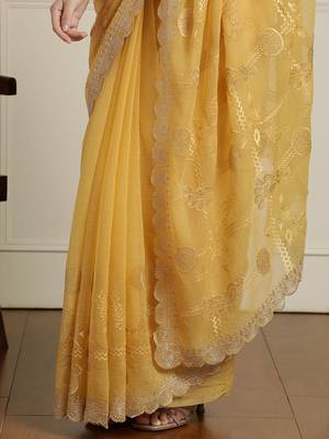 Yellow ethnic motifs embroidered scallop zari border saree 5