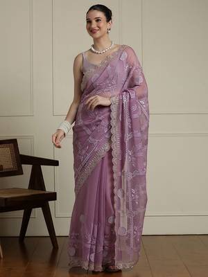 Purple ethnic motifs embroidered saree 1