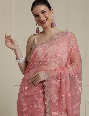 Pink floral motif embroidered beads and stones saree 1