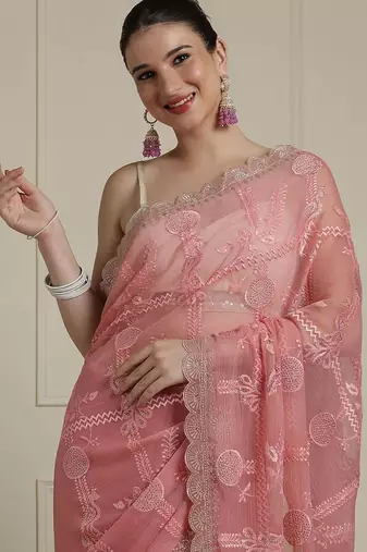 Pink floral motif embroidered beads and stones saree