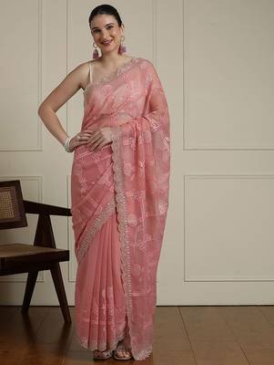 Pink floral motif embroidered beads and stones saree 2