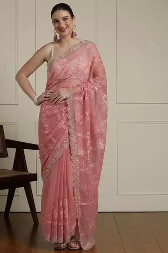 Pink floral motif embroidered beads and stones saree