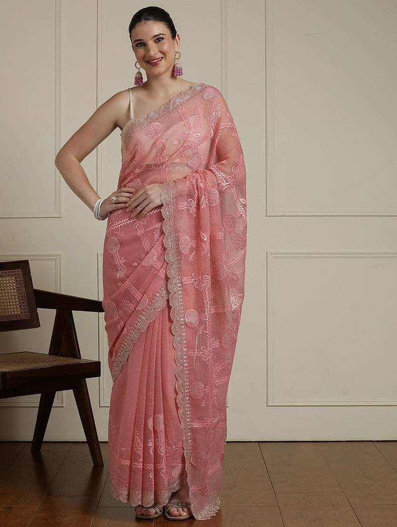 Pink floral motif embroidered beads and stones saree