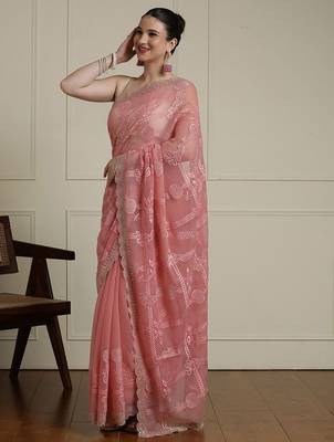 Pink floral motif embroidered beads and stones saree 3
