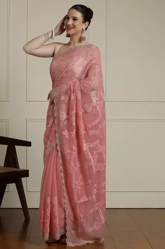 Pink floral motif embroidered beads and stones saree