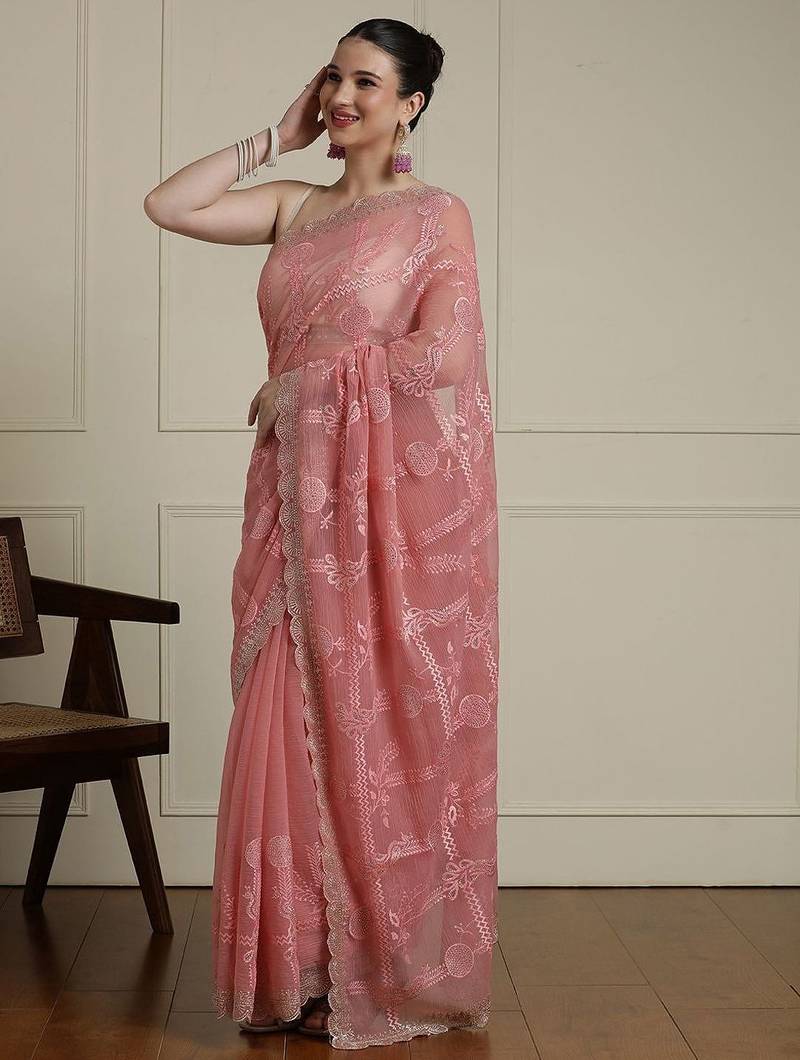 Pink floral motif embroidered beads and stones saree