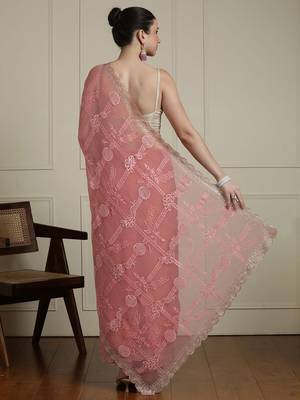 Pink floral motif embroidered beads and stones saree 4